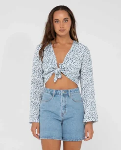 Flash Sale Balnear Floral Printed Tie Front Cropped Shirt Womens Fashion Tops
