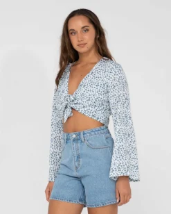Flash Sale Balnear Floral Printed Tie Front Cropped Shirt Womens Fashion Tops