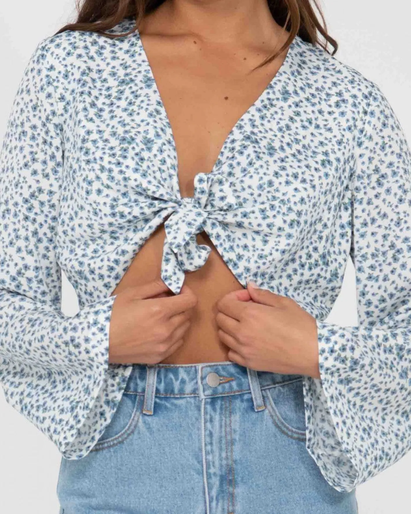 Flash Sale Balnear Floral Printed Tie Front Cropped Shirt Womens Fashion Tops