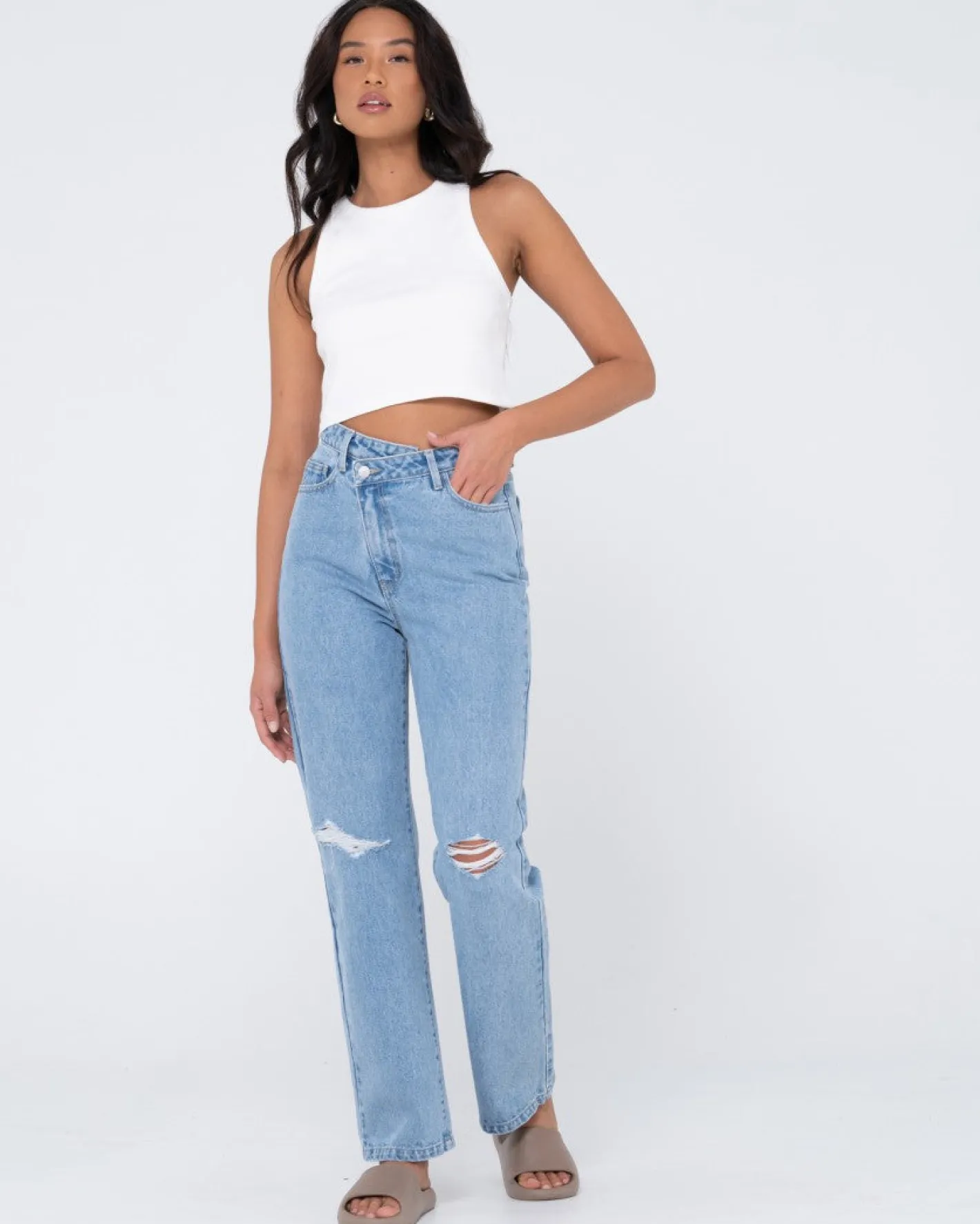Online Chloe High Waisted Distressed Straight Jean Womens Pants