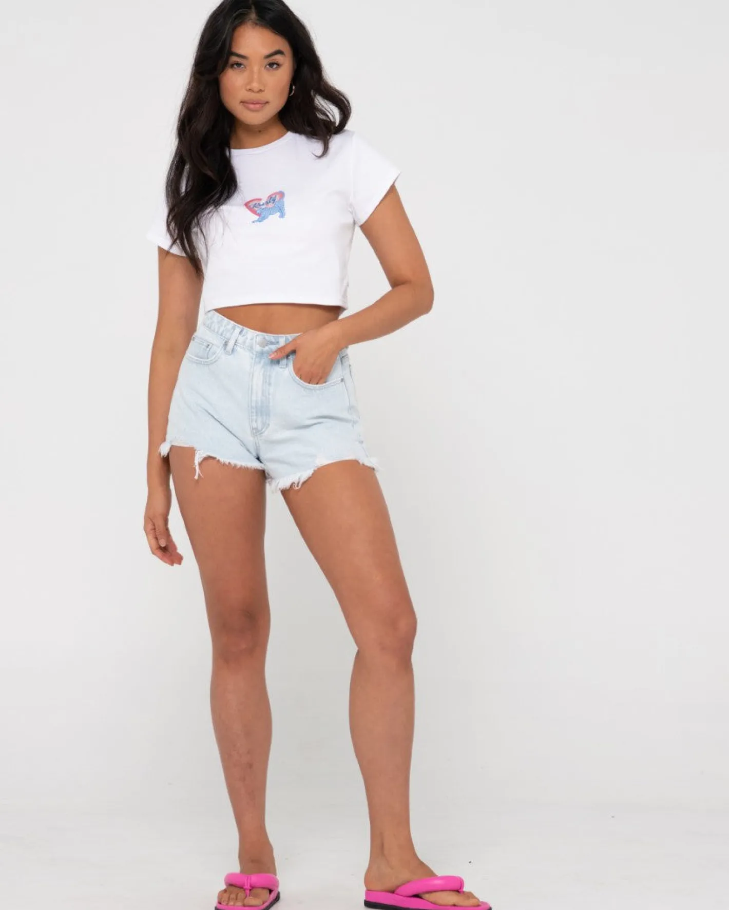 Outlet Dime High Waisted Frayed Denim Short Womens Shorts