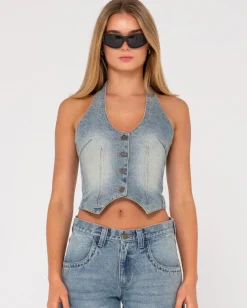 Cheap Flip Mommy Halter Neck Denim Vest Womens Fashion Tops