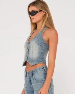 Cheap Flip Mommy Halter Neck Denim Vest Womens Fashion Tops