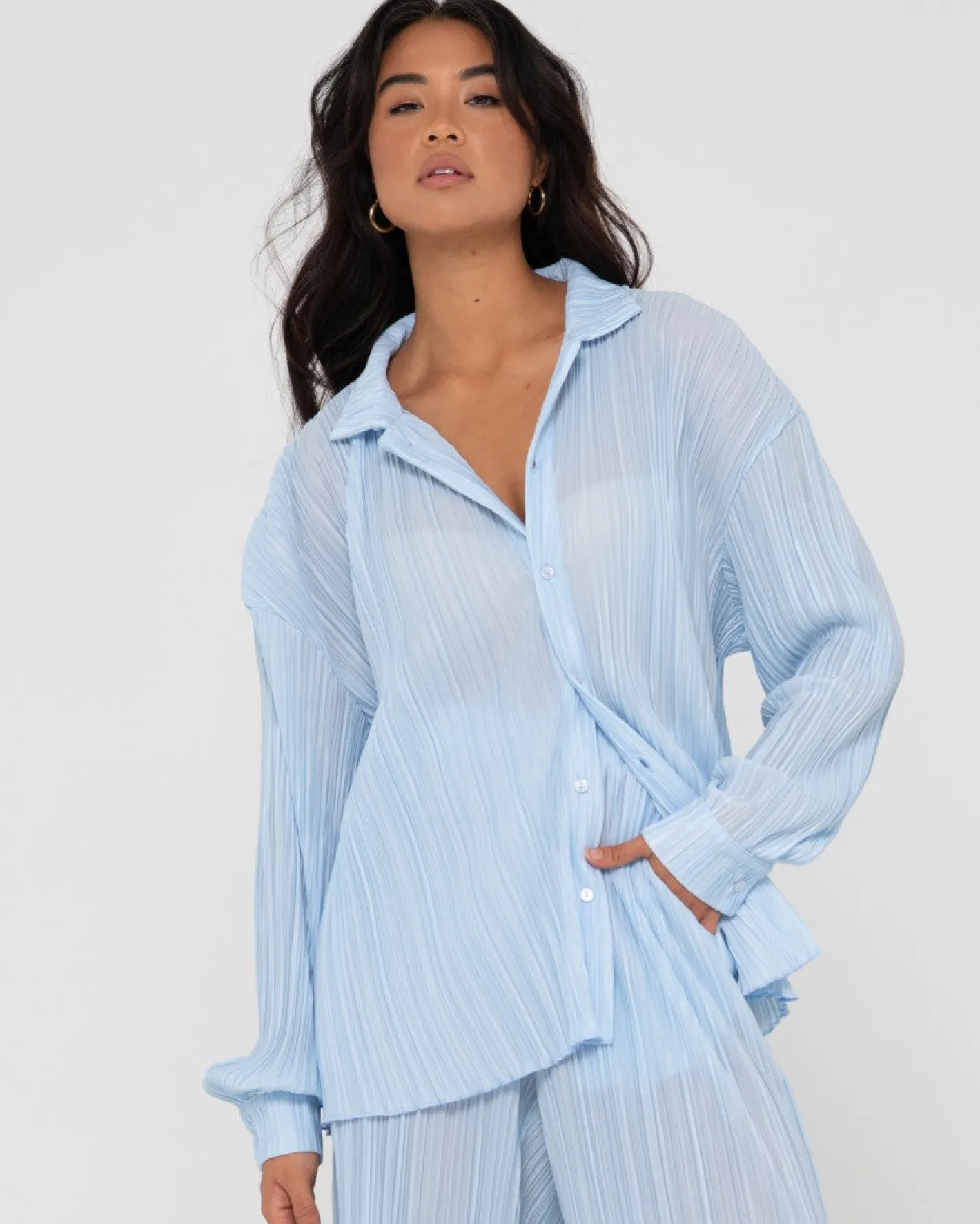 Store Nissi Long Sleeve Pleated Shirt Womens Fashion Tops