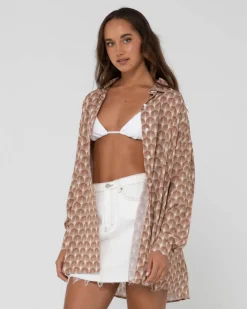 Outlet Panama Printed Oversized Long Sleeve Shirt Womens Fashion Tops