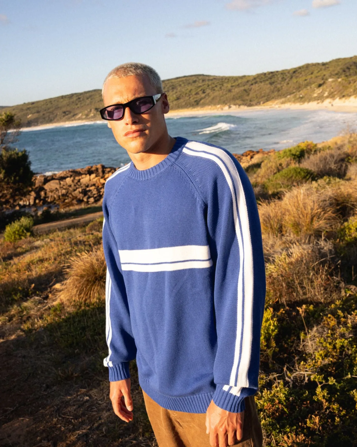 Shop White Lines Crew Neck Knit Sweater Mens Knitwear