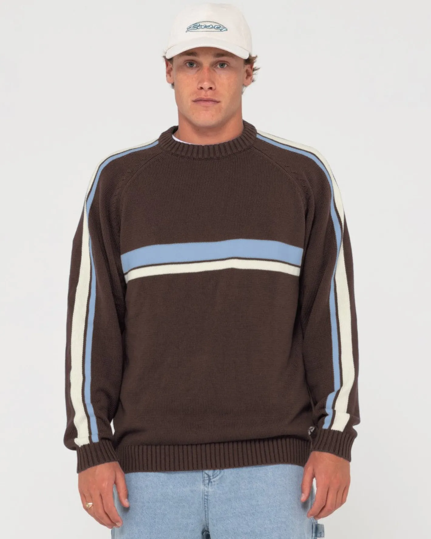 Cheap White Lines Crew Neck Knit Sweater Mens Knitwear